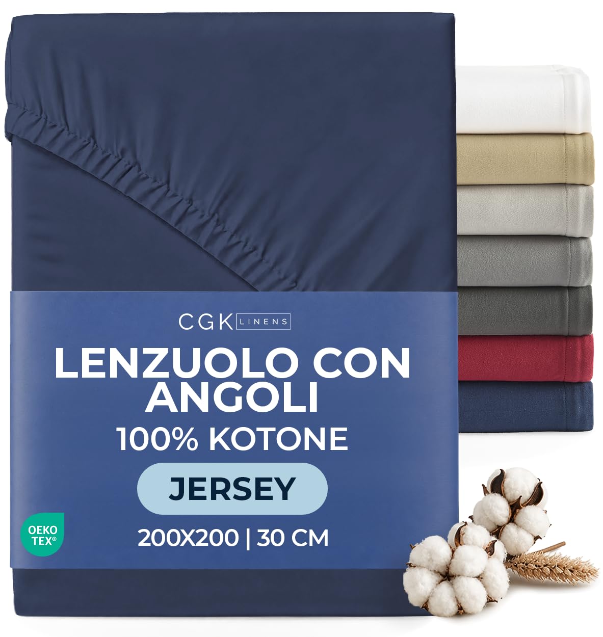 Lenzuolo con Angoli 200x200 - Jersey Cotone Tasca 30cm (12") - Blu Navy | Cotone Elasticizzato Morbido, Traspirante, Elastico Tutto Intorno, Facile da Stirare, Lavabile in Lavatrice, OEKO-TEX