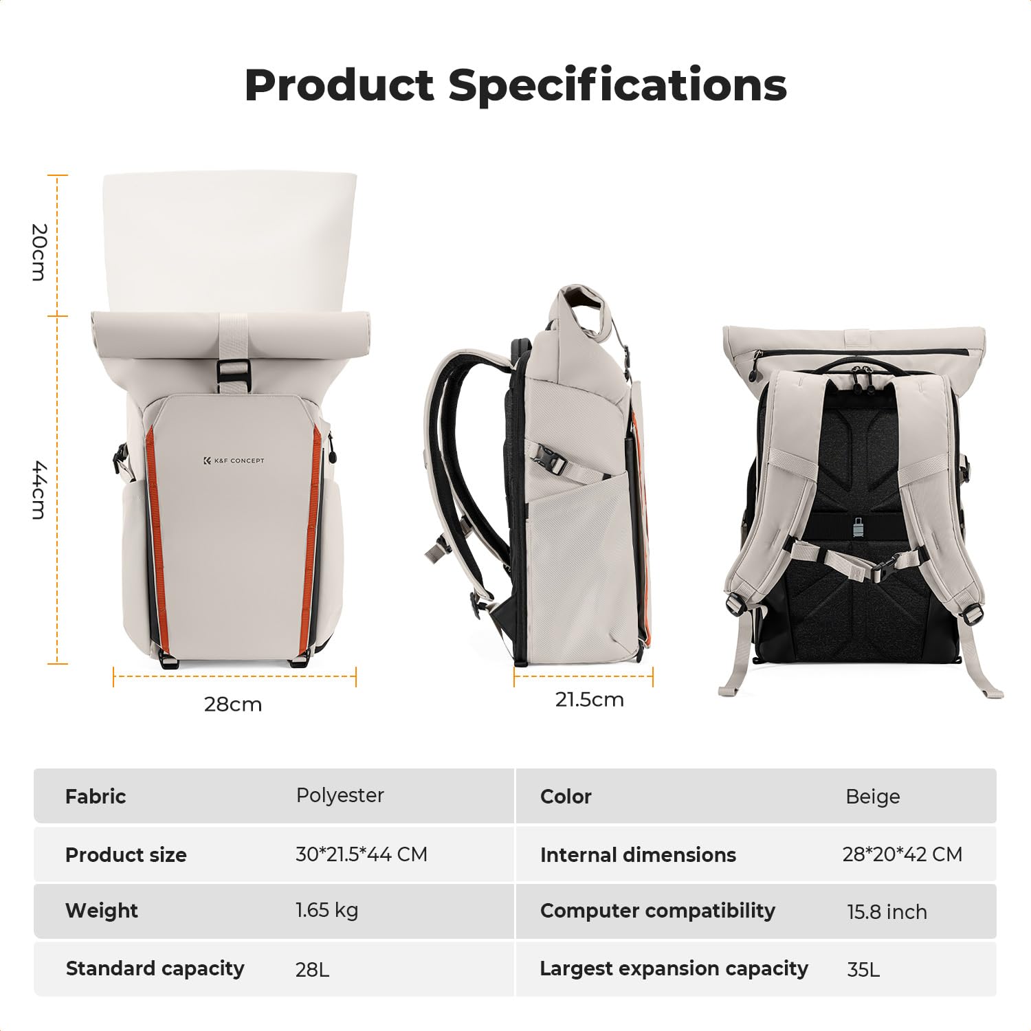 K&F CONCEPT Kamerarucksack mit Rolltop-Erweiterung | großer Fotorucksack mit vollständiger Rückseite zum Öffnen, Schnellzugriff und Laptopfach für Geräte bis zu 15,6 Zoll