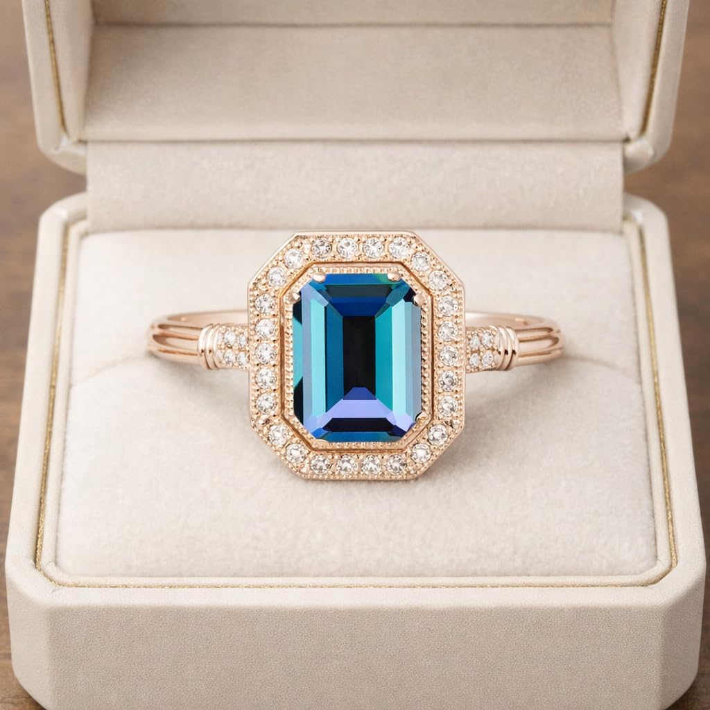 Emerald Cut Blue Topaz Engagement Ring for Women 18K Rose Gold Diamond Halo Art Deco Personalized Bridal Jewelry Gift for Wife