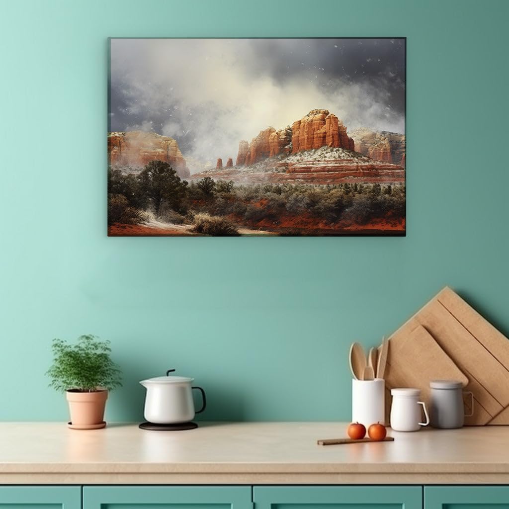 Canvas for Living room. Desert Snowstorm Elegy: When Red Rocks Wear White Crowns and Trees Whisper in Winter Hues, 27 x 18 inch Canvas Wall Art - Surrealistic Visions - Modern Home Decor