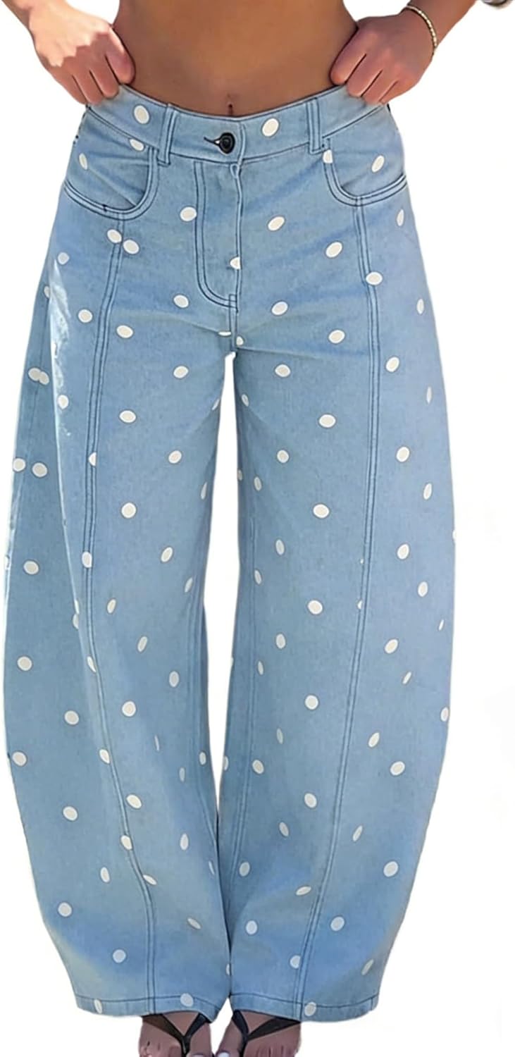 Women's Polka Dot Pattern Barrel Jeans Boyfriend Y2K Casual Wide Leg High Waisted Denim Pants with Pockets