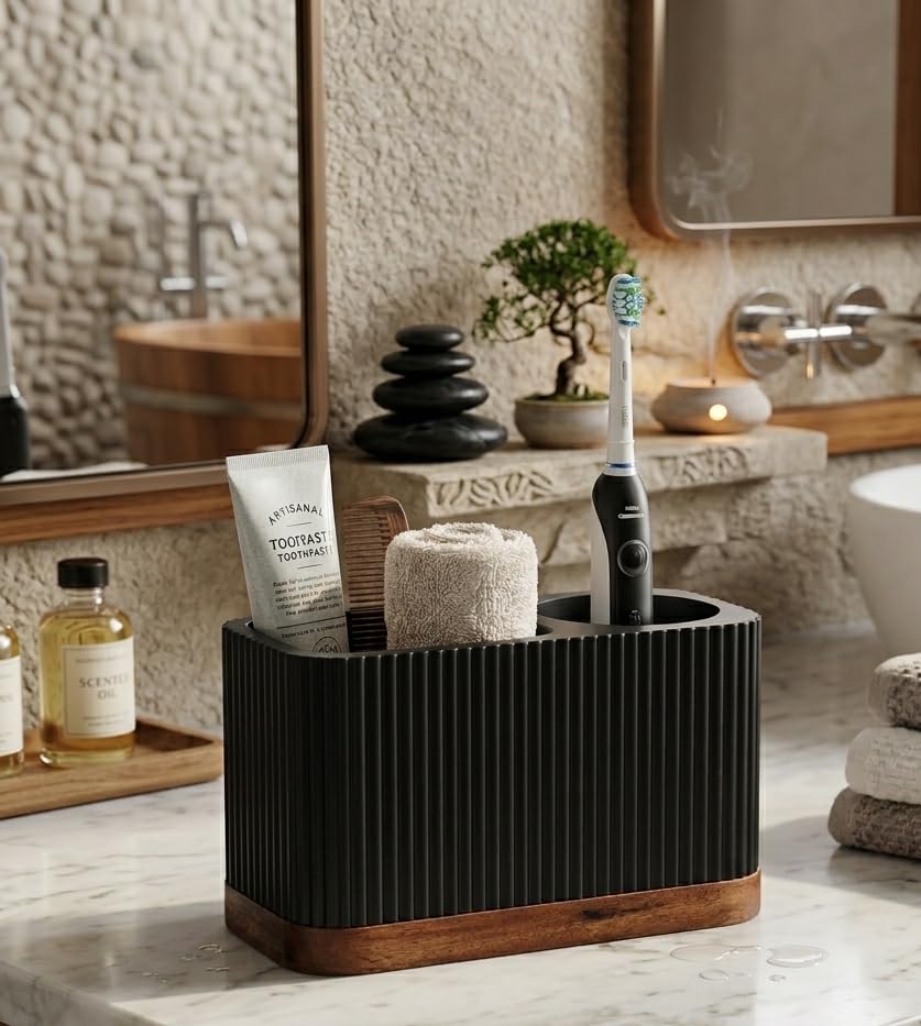 Elegant Black Toothbrush Holder with Wooden Base – Contemporary Bathroom Storage Solution for Toothbrushes, Toothpaste & Accessories – Durable and Stylish Design-A51