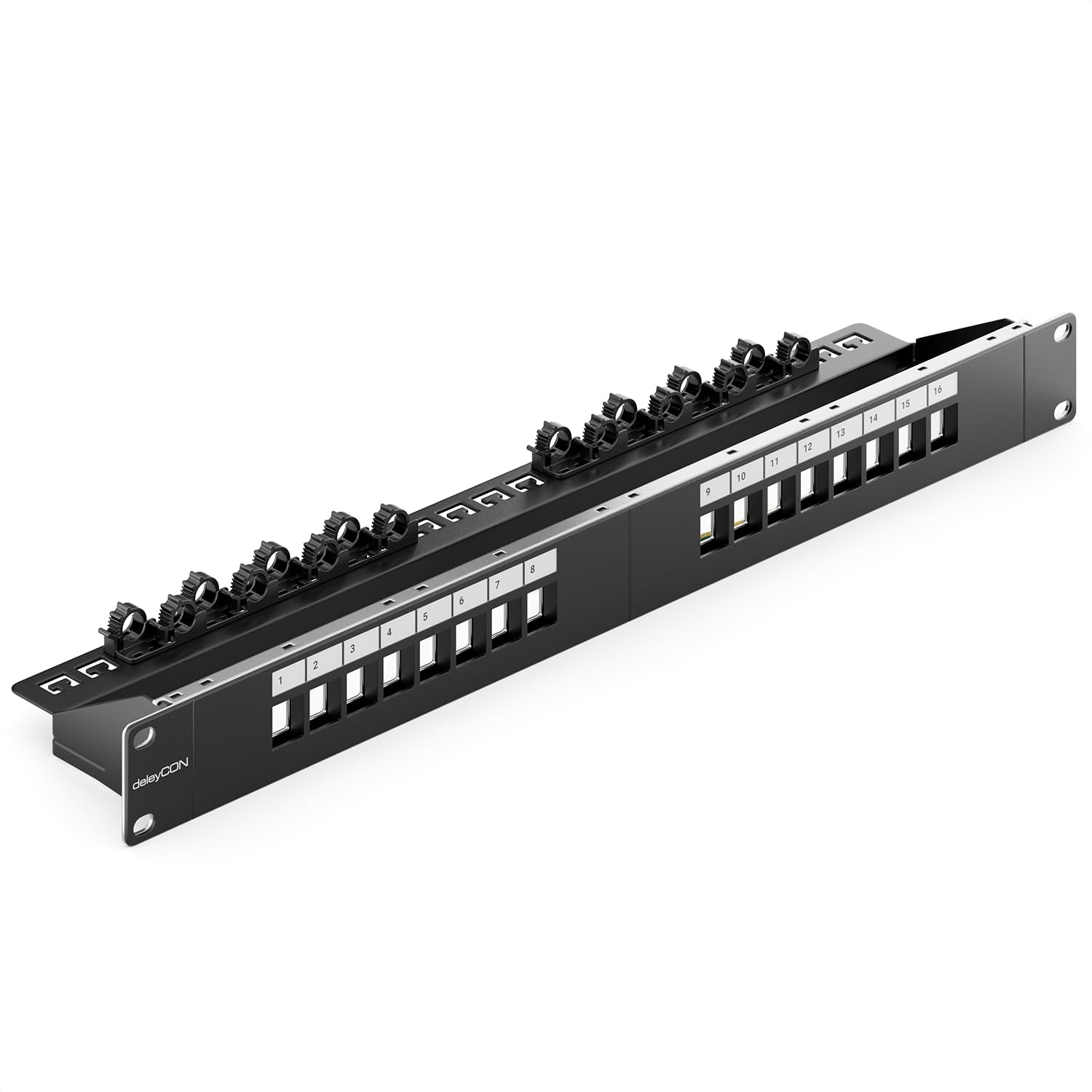 deleyCON Panneau de brassage modulaire 16 ports pour modules Keystone - 1 HE 19" Rack à montage en serveur avec fixation par clic LAN réseau - pour Keystones RJ45, HDMI, USB-A, USB-C, TV, SAT et plus.