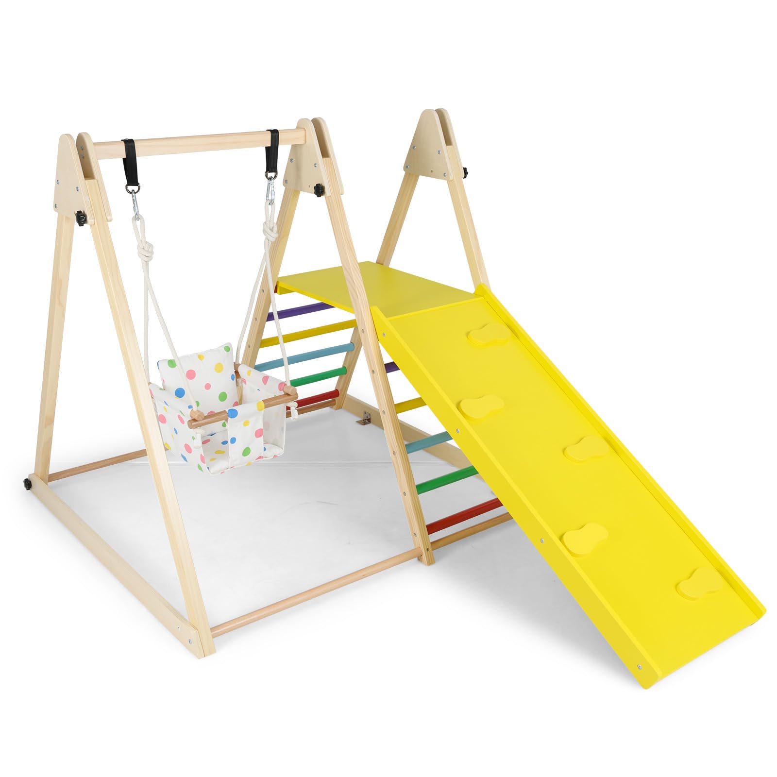 Maxmass Kids Climbing Frame, Wooden Children Climber Playset with Swing, Ladder, Garden Toddler Jungle Gym Playground for Indoor Outdoor (with Climbing Ramp: 120x185x115cm, Colorful)
