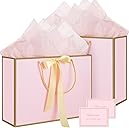 woric Pink Gift Bags with Handles, 14" Medium Gift Bags with Tissue Paper, 2 Pcs Pink Bags with 4 Tissue Paper and 2 Cards for Baby Shower Wedding Bridal Shower Mother's Day Birthday Party