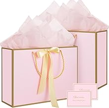 woric Pink Gift Bags with Handles, 14" Medium Valentines Gift Bags with Tissue Paper, 2 Pcs Pink Bags with 4 Tissue Paper and 2 Cards for Valentines Day Baby Shower Birthday Party Wedding