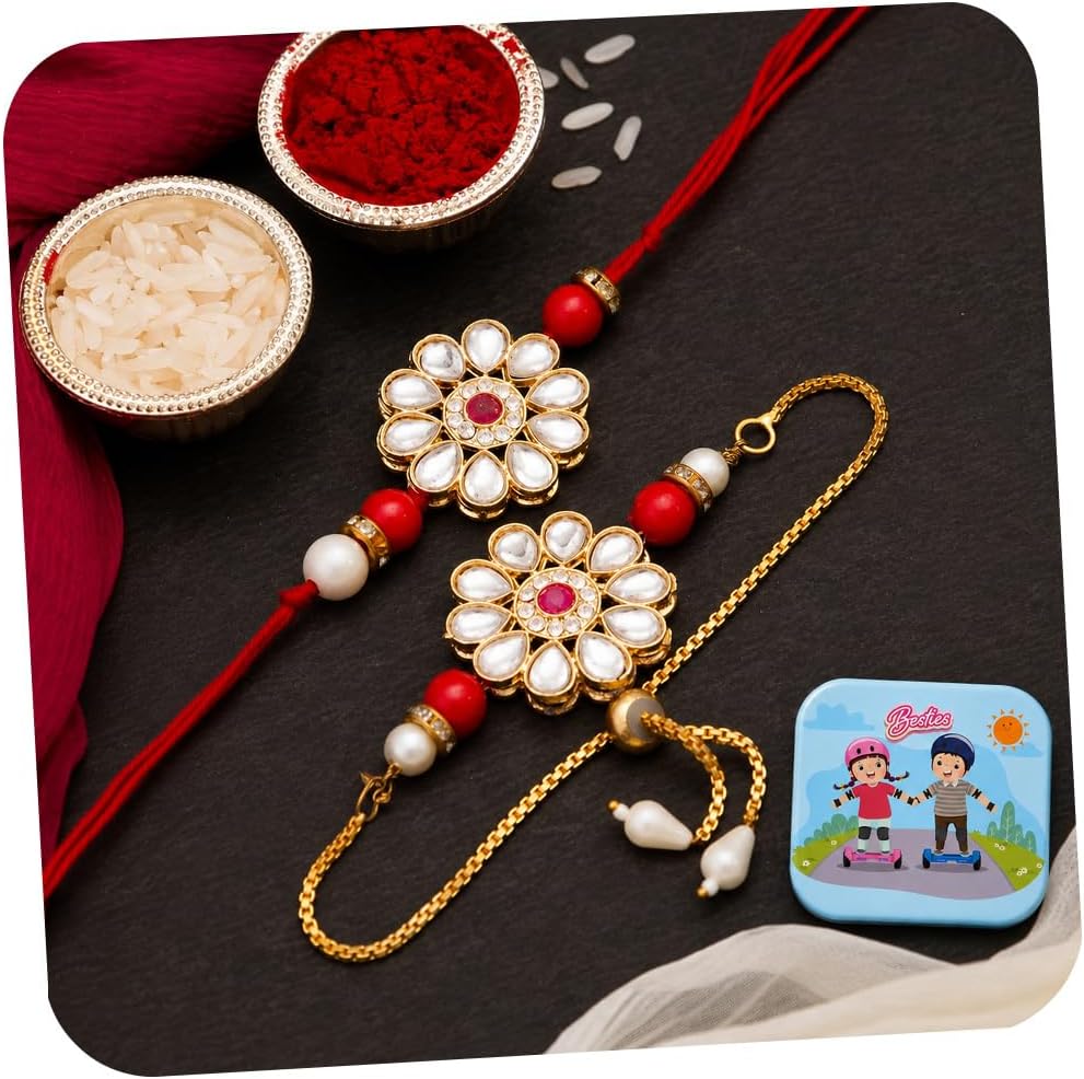 CraftVatika Rakhi Set for Brother and Bhabhi Rakhis for Rakshabandhan, Designer Floral Rakhi for Bhaiya Kundan Lumba Braclet for Bhabhi Couple Set of 2 Raksha Bandhan Fridge Magnet for Door Decor