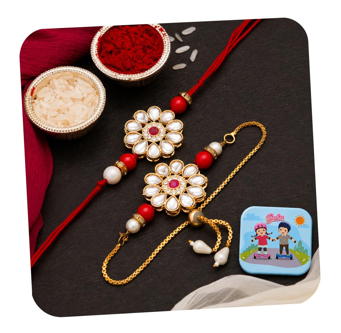CraftVatika Rakhi Set for Brother and Bhabhi Designer Floral Rakhi for Bhaiya Kundan Lumba Rakhi Braclet for Bhabhi Couple Rakhi Set of 2 Raksha Bandhan Rakhi Fridge Magnet for Door Decor-picture-11