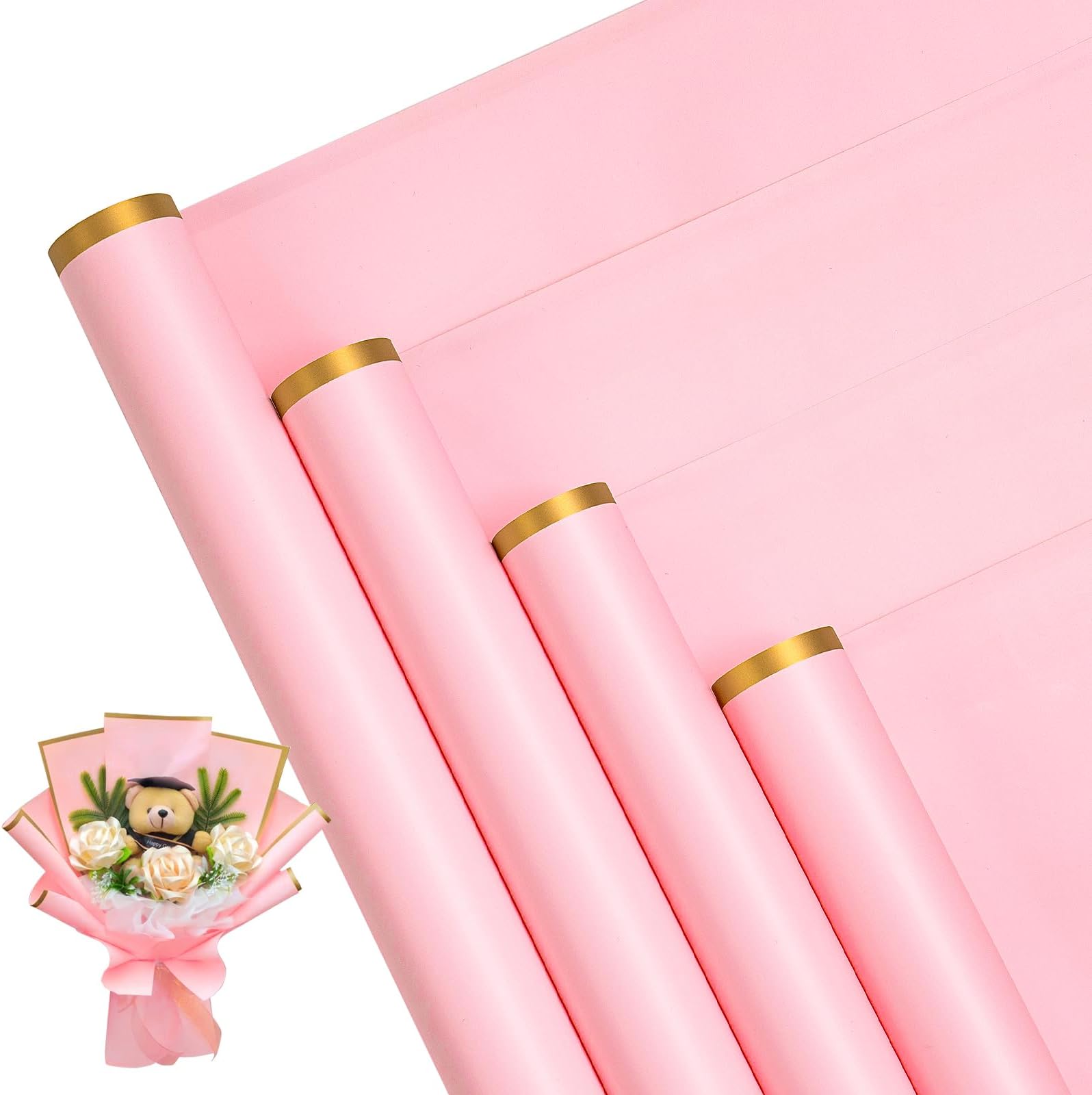 RUSPEPA 20 Sheets Flower Wrapping Paper - Gold Edge Waterproof Floral Bouquet Wrapping Paper - Florist Supplies Packaging Paper for Birthday, Wedding and DIY Crafts - Pink