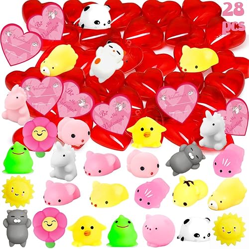 UMEELR Paquete de 28 juguetes esponjosos de San Valentín en corazones con tarjetas, lindos mochi aprietan regalos para el día de San Valentín,