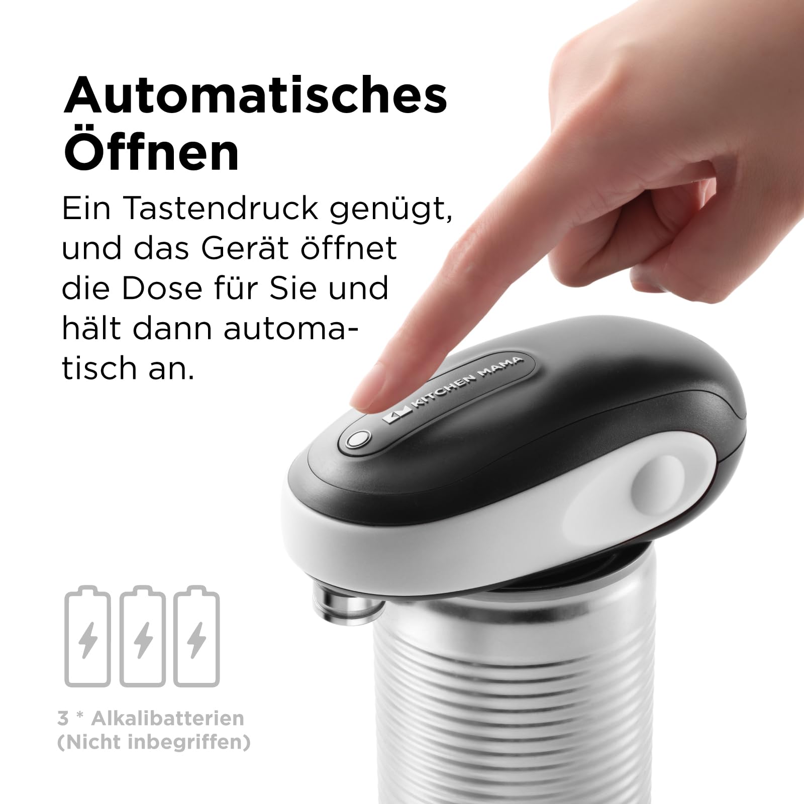 Kitchen Mama One-To-Go Elektrischer Dosenöffner, Weiß | Ein Tastendruck (Auto-Stopp), ohne scharfe Kanten, mit Deckelentferner, batteriebetrieben