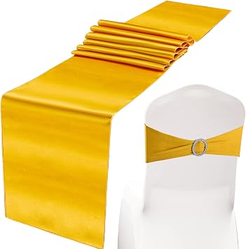 Hosuly 50 Pcs Gold Chair Sash Bow with 10 Pcs Satin Table Runner Spandex Chair Sash with Buckle Slider Satin Silk Runner for Wedding Graduation Ceremony Banquet Hotel Party Rectangle Round Table Decor