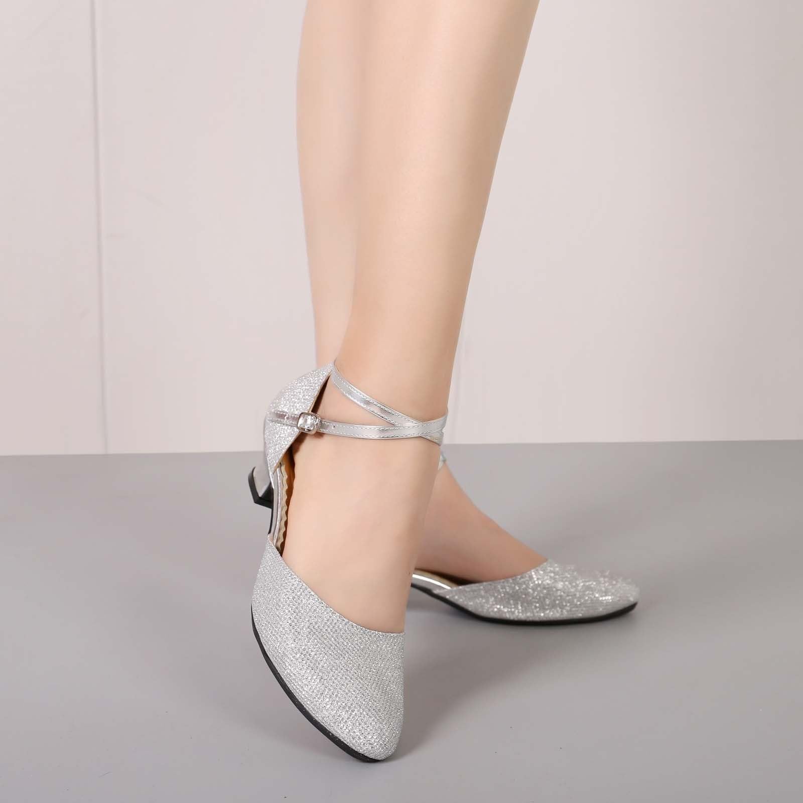 Scarpe da ballo da donna, eleganti, con glitter, comode scarpe da sposa con tacco | Scarpe con tacco a blocco con cinturino, scarpe con tacco spesso, scarpe larghe da matrimonio, scarpe da sera per feste