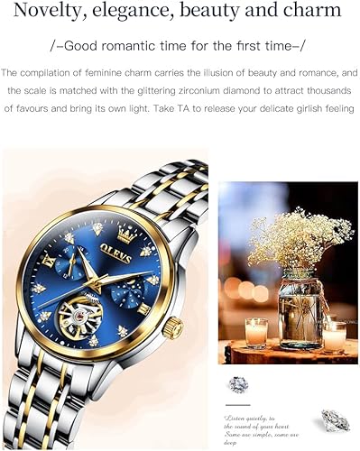 Miniatura 4 de OLEVS - Relojes Automáticos para Mujer con Tourbillon de Diamante, Relojes de Pulsera Elegantes, Fase Lunar, Impermeables, Luminosos