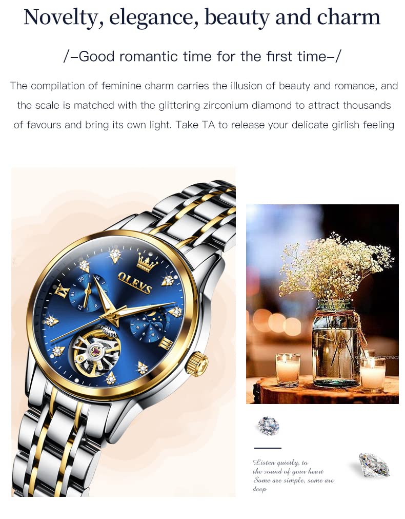 OLEVS Damenuhr Damen Automatik Mechanisch Skelett Diamant Luxus Elegant Edelstahl Wasserdicht Armbanduhr Damen