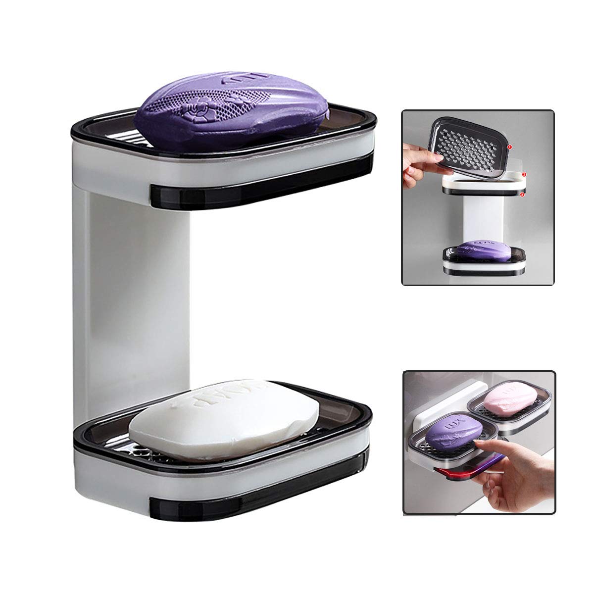 Shower Soap Holder, Double Layer Soap Dish with Draining Tray, Wall Mounted Bar Soap Holder, Adhesive Soap Saver Box Case for Shower Wall,Bathroom,Sink,Tub,Waterfall (Black)