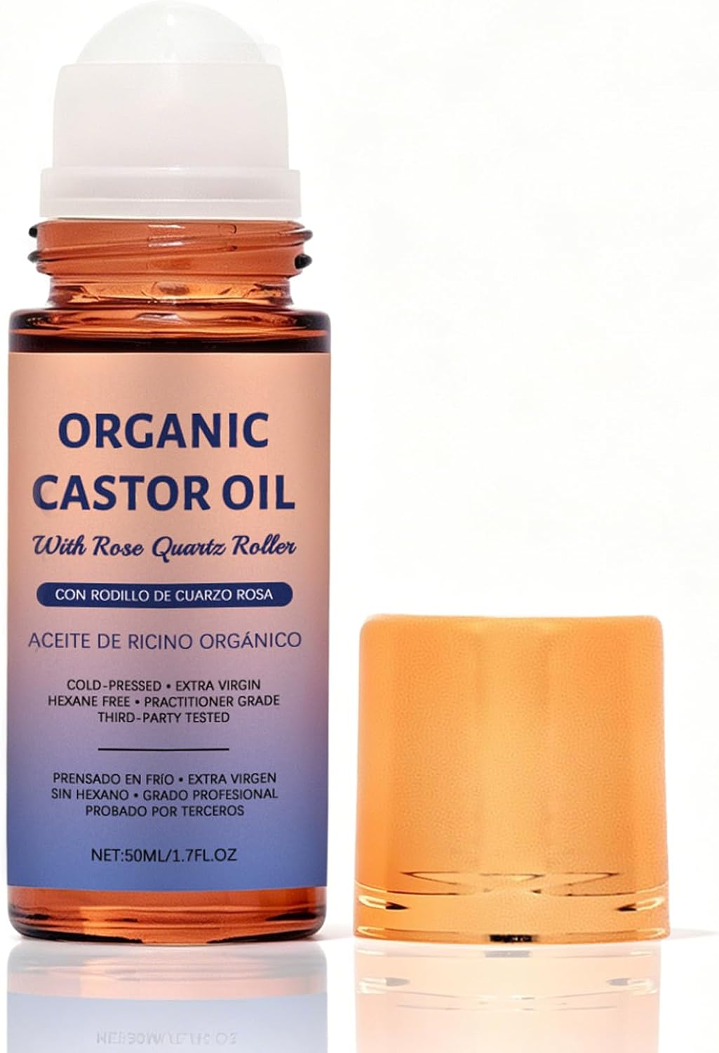 Organic Castor Oil Roll On with Rose Quartz Roller, 100% Castor Oil Organic Cold Pressed, for Face and Body, Hair, Eyebrows, Moisturize Skin(1 PCS)