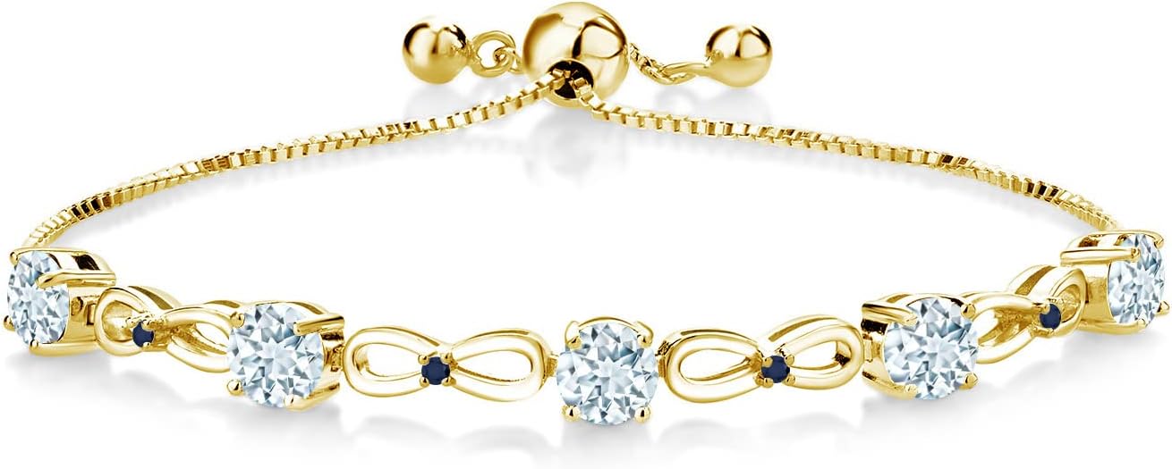 Gem Stone King 2.54 Ct Sky Blue Aquamarine Blue Sapphire 18K Yellow Gold Plated Silver Bracelet For Women