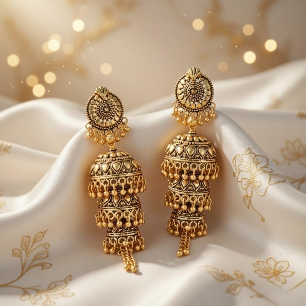 Efulgenz Oxidized Jhumka Earrings Oxidized Indian Jewelry Jhumka Boho Layered Jhumka Jhumki Tassel Dangle Statement Earrings for Women
