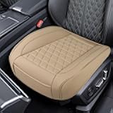 Luxury Faux Leather Car Seat Cover, Anti-Slip Waterproof Universal Front Bottom Seat Protector with Storage Pocket, Triangular Pattern Vehicle Seats Cushion for Sedans, SUVs, Trucks (Beige)