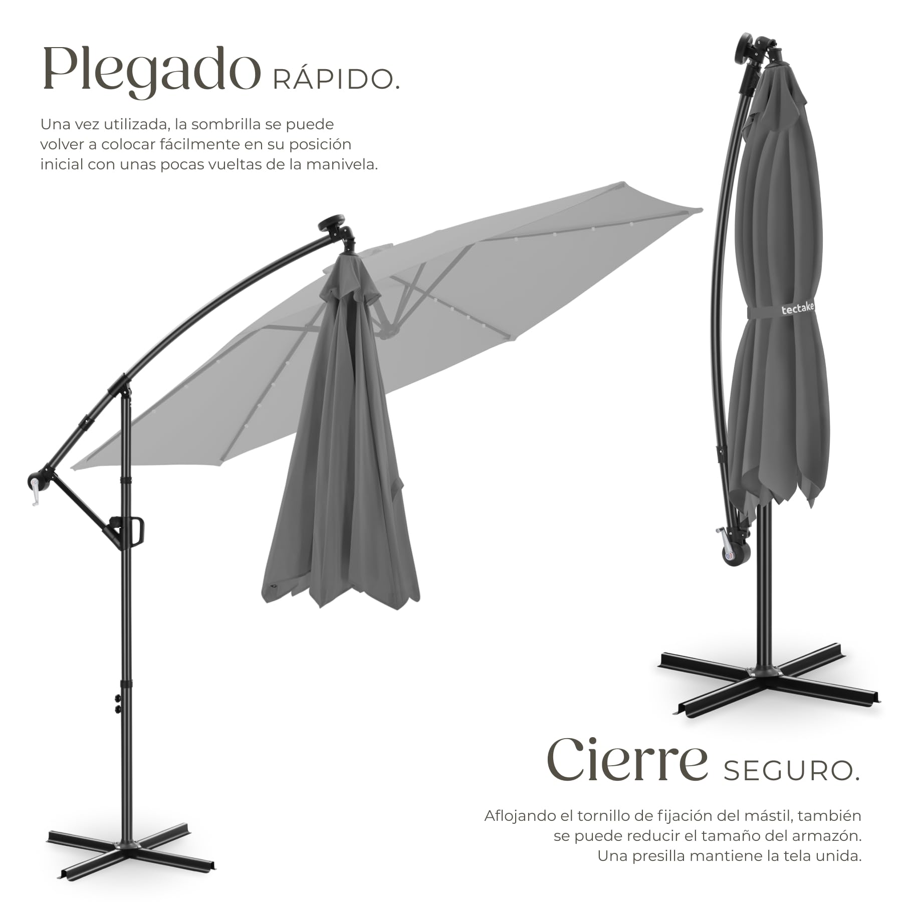tectake® Sombrilla Terraza Exterior con Iluminacion Solar Led, Parasol Terraza Exterior y Jardin, Sombrillas Jardin Grandes Giratorio 360°, Doble Techo, Manivela, Inclinable - 3 x 3 m