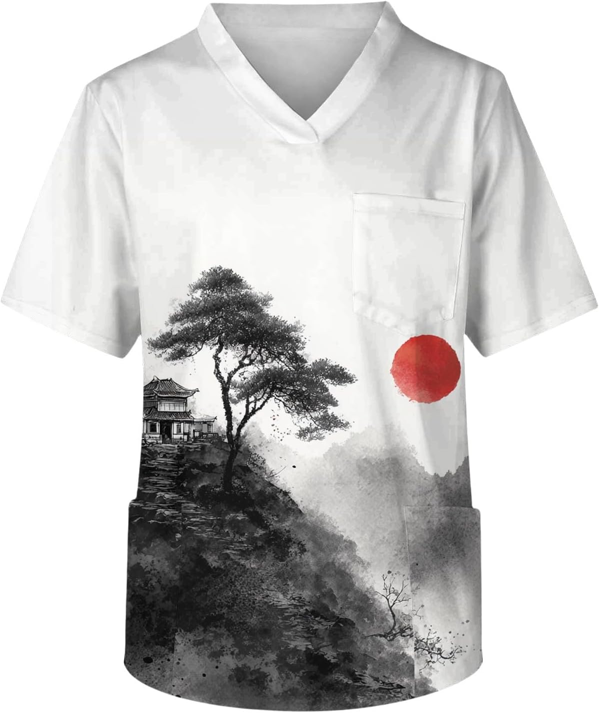 Men's Scrubs Top Short Sleeve Printed Athletic Fit Uniform Scrub Shirt with Pockets