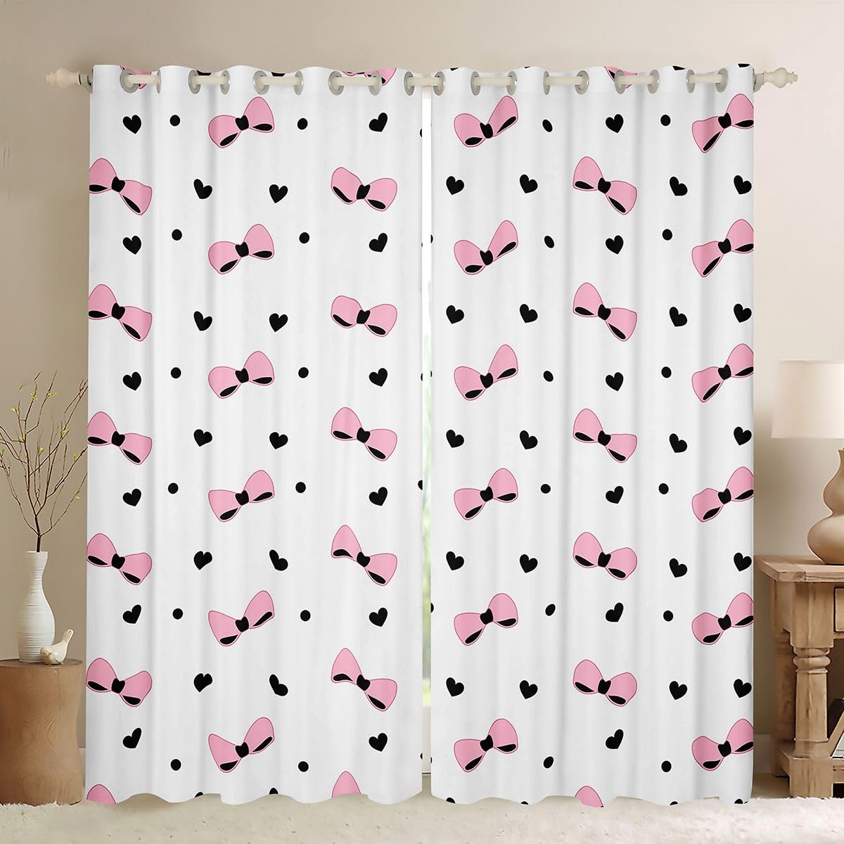 Homewish Wstążka z kokardą księżniczki czarne różowe zasłony okienne 117 x 183 cm, 2 zestawy paneli – zasłony zaciemniające w kropki miłość serca zasłony okienne kokardka do sypialni
