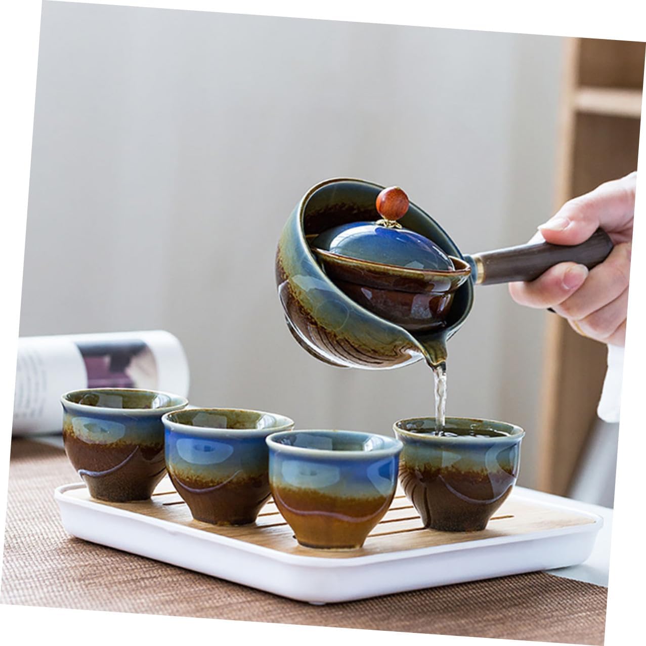 Portable Ceramic Gongfu Tea Set with Teapot and Four Cups, Military Green Travel Tea Set Kit with Carrying Bag for Outdoor and Travel Use