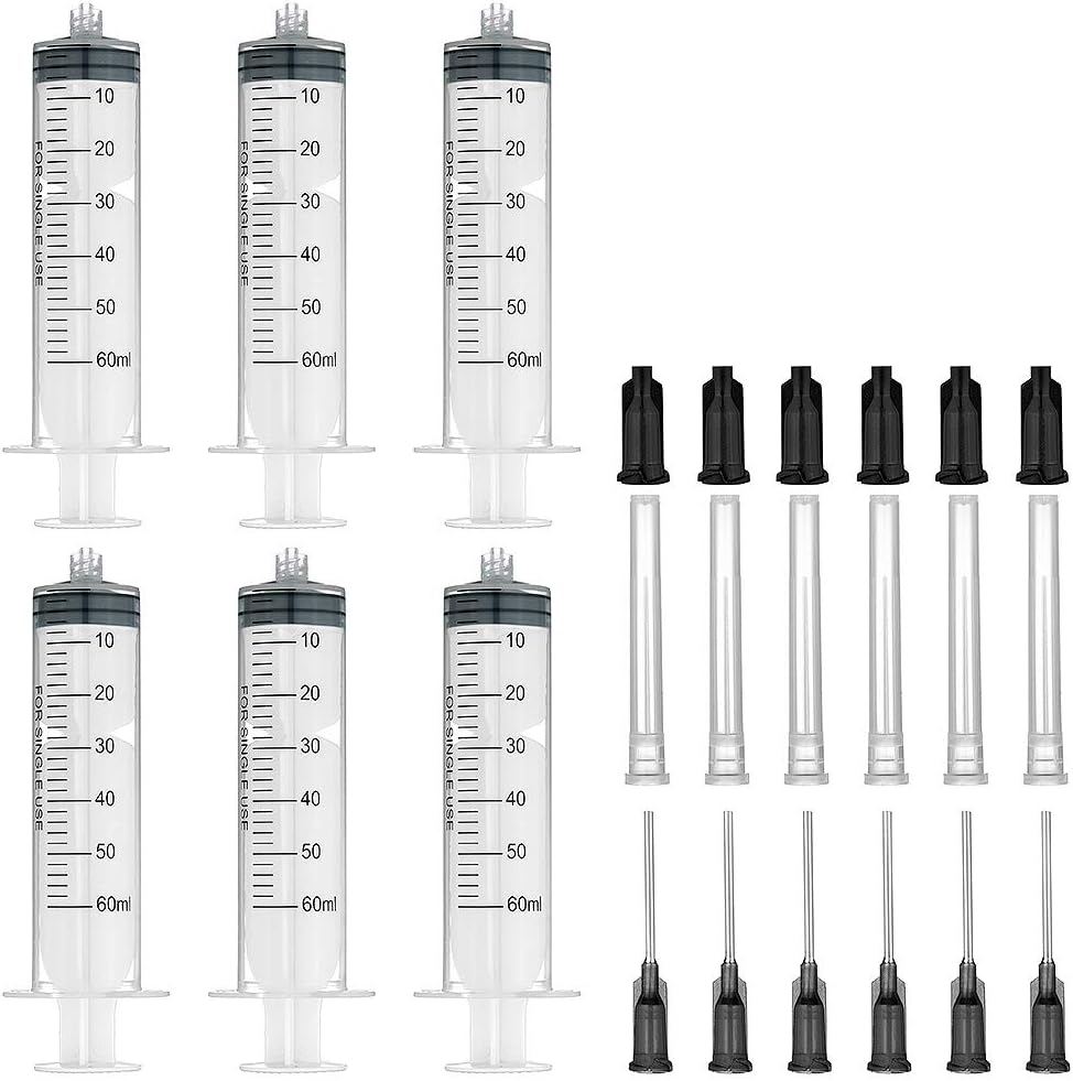 6 Pack 60ml Syringes with 16Gx1.0'' Blunt Tip Fill Needles and Storage Caps(Luer Lock)