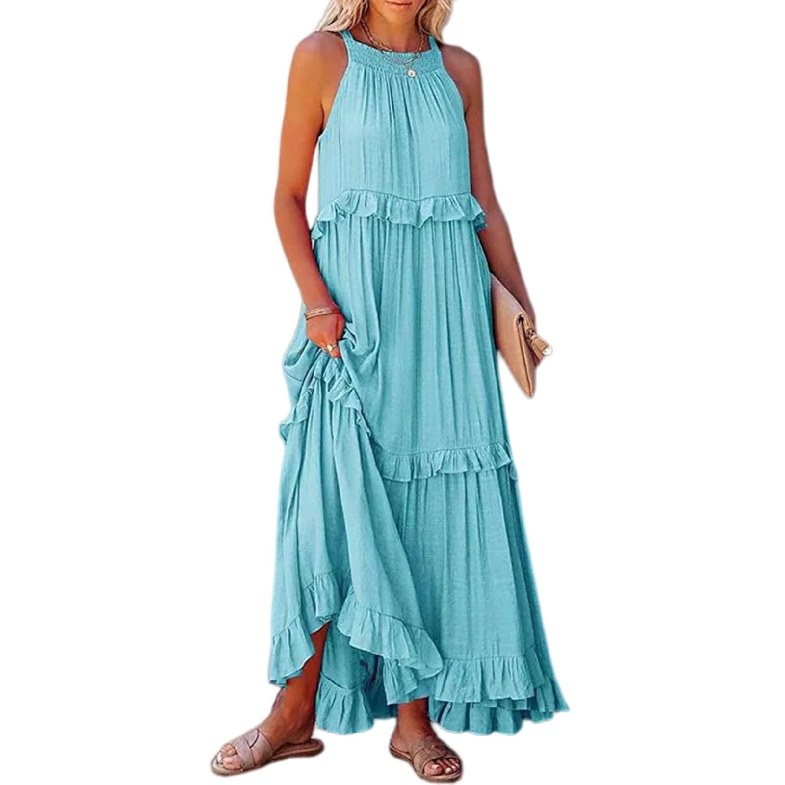Vestito Donne 2026 Estate Elegante Ruffle Abito Senza Maniche Harajuku Maxi Sundress Casual Beach Vacation Party Dress-Apricot-m