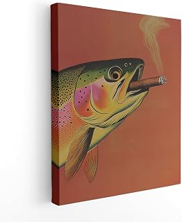 APJYM Whimsical Funny Fish Canvas Wall Art Framed, Beach House Decor, Gifts for Fishermen, Retro Trout Fish with Cigar Wall Decor for Home Bathroom Cabin, 11x14 Inch