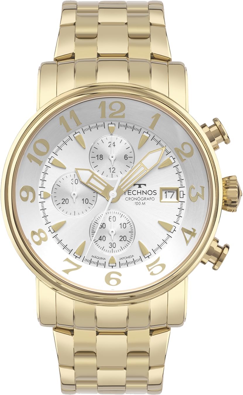 Relógio Masculino Technos Aço Inoxidável Dourado Cronógrafo Calendário Resistente a Água Original JS15ENA1K