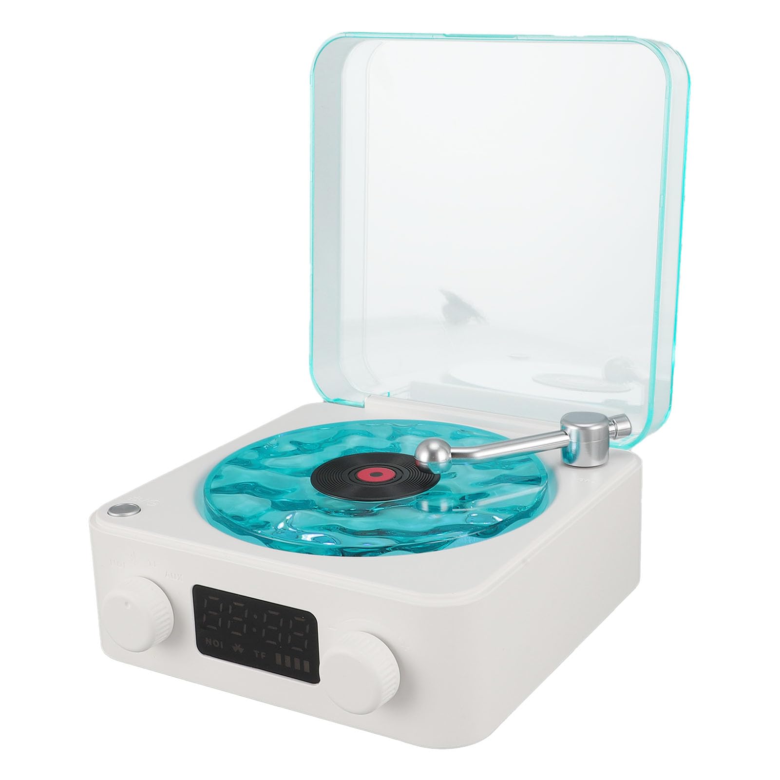 Record Player Style Speaker, Vintage 3 in 1 Bluetooth Stereo with Night Light Time Battery Display for Bedroom Office ABS White 1500mAh Portable Small Speaker
