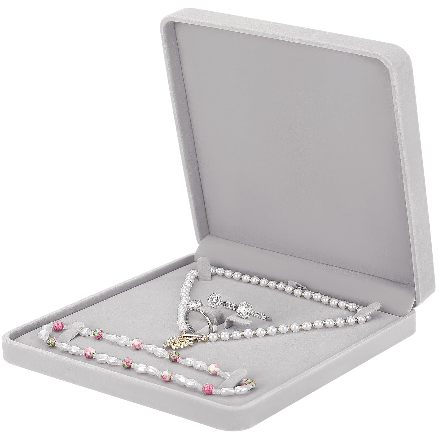 Inside view showing necklace, earring, ring compartments