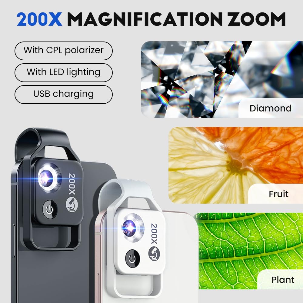 200x Magnification Zoom, 2024 New Pocket HD Phone Microscopes with LED Light Cell Phone Lens Attachments, Portable Microscopic Lens for Cell Smartphone (Black with CPL)