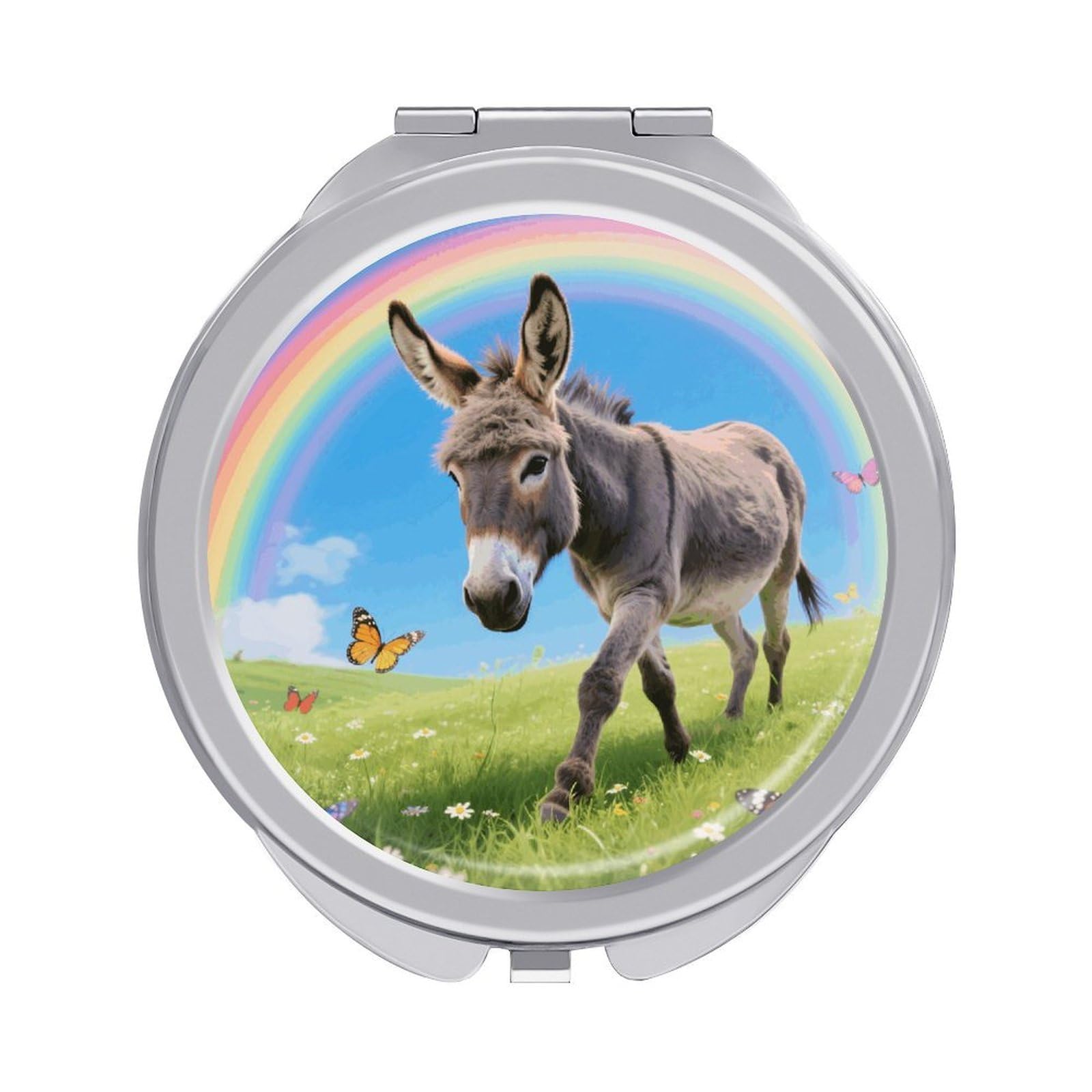 VstaDank Donkey Butterflies (Rainbow) Makeup Mirror Beautiful Compact Makeup Mirror Silver Mirrors Surface Folding Makeups Lightweight Travel Makeups Mirrors for Suitable Handbag and Purses