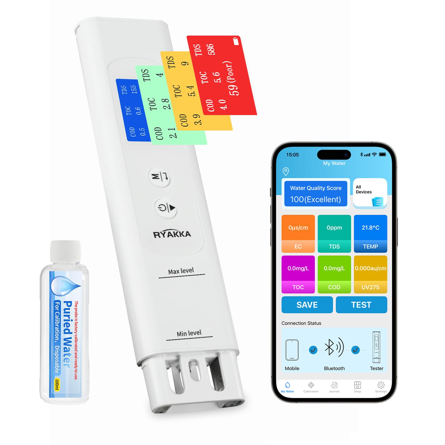 Testeur d’Eau Intelligent 6-en-1 avec App, Analyse TDS/EC/TOC/COD/UV275/Temp, Score 4 Couleurs, Calibration Intelligente, Testeur de Qualité de l'eau Portable pour Filtre, Maison, Camping