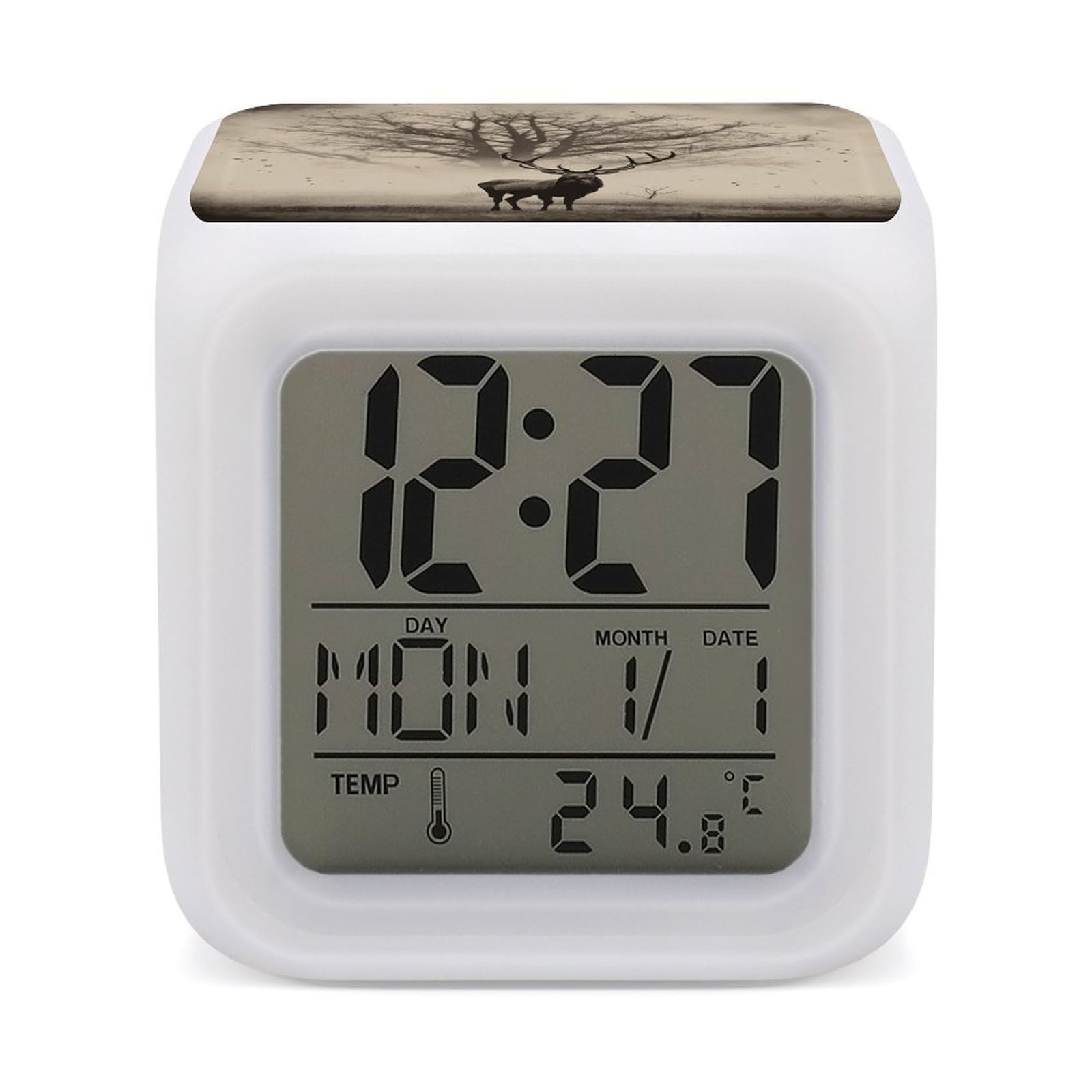 VstaDank Abstract Tree Elk Picture Alarm Clock 7 Color Changing LED Wake-Up Clocks Printed Home Decoration Multi-Color Night Light Digital Alarm Clock with Temperature Display for Home Office