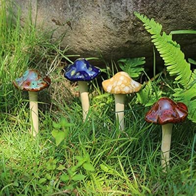 Danmu Garden Decor, 4pcs (Random Color) Ceramic Mushroom for Garden, Yard, Fairy Garden - Lawn Ornament Décor, Pottery Ornament 4.52" in Height