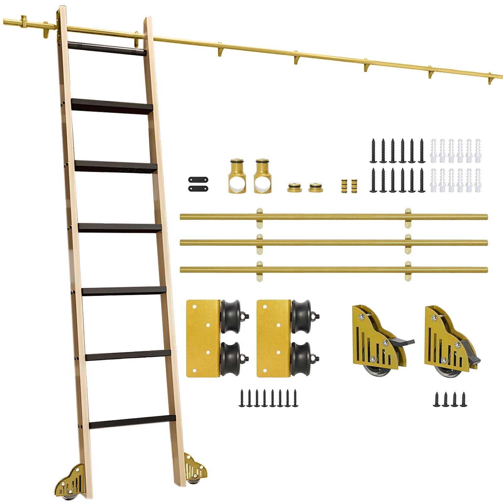 Rolling Hardware Gold Schiebeleiter-Set für Bibliotheken (ohne Leiter), Rundschienen-Gleitrollensystem für Dachbodenbüros(Telescopic,244cm Gleisbausatz)