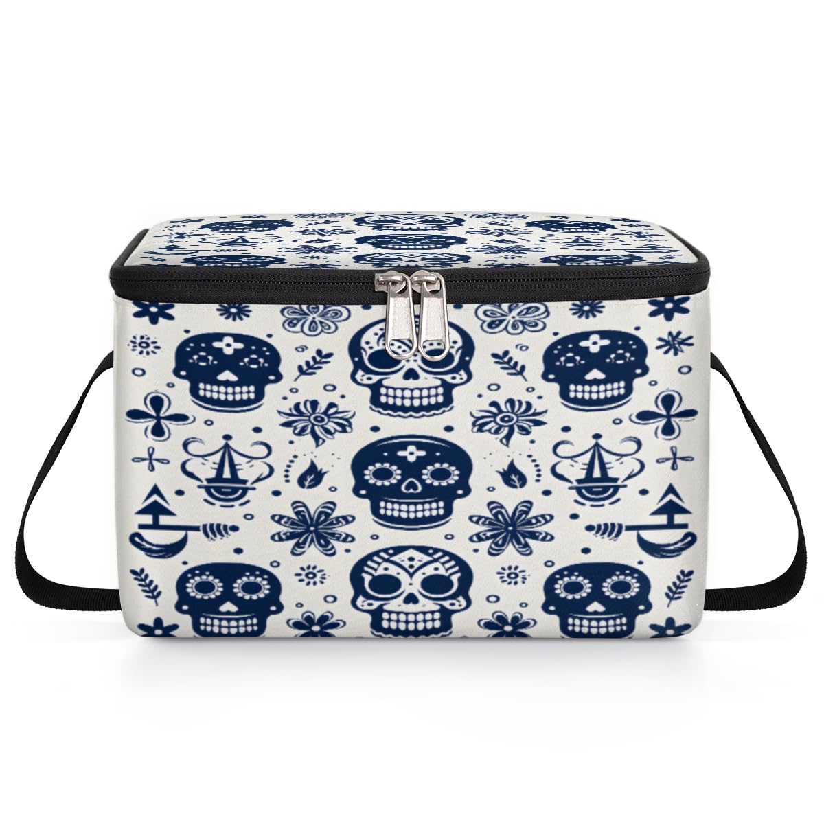 GzLeyigou Skull Blue Lunch Bags for Women Men 9 Cans, Hot & Cold Food Delivery Bag Insulated Grocery Bag Insulated Lunch Box Sugar Skull Cooler Bag for Office Work Picnic Beach