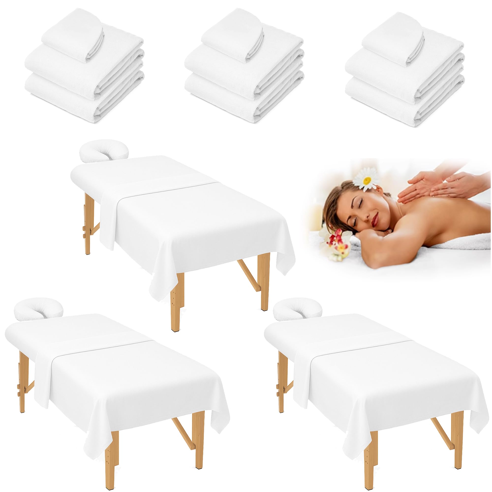 - 3 Sets Massage Table Sheets Set – Each Set Included 3pcs (Flat Sheet, Fitted Sheet, Face Rest Cover) – White Microfiber for Spa and Professional Use