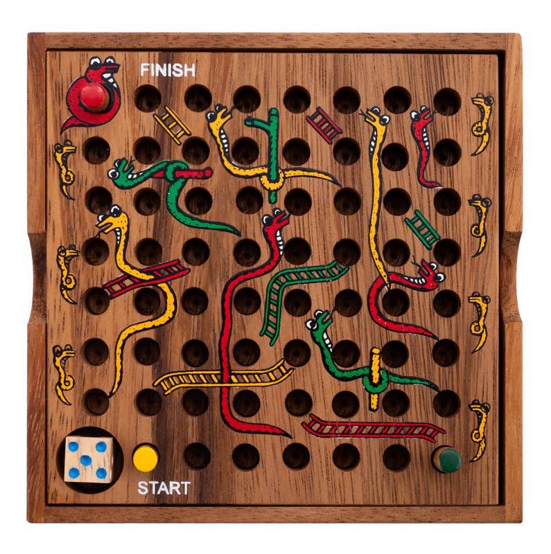 Engelhart - 350280- Snakes and ladders game in a wooden box - travel game for age 4 plus - 2 to 4 players 13.5 x 13.5 x 3.5 cm