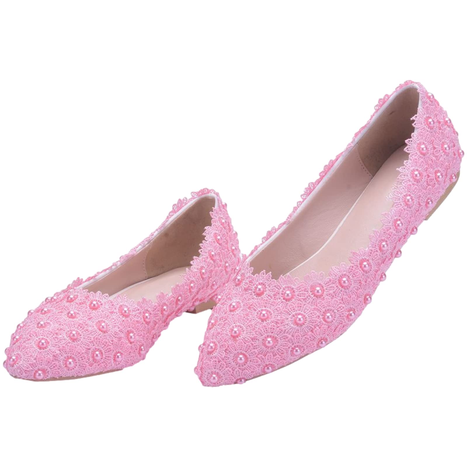 Damen Elegant Spitze Zehen Blume Spitzenbesatz Perlen Brautschuhe Pumps Weiche Sohle Ballerinas