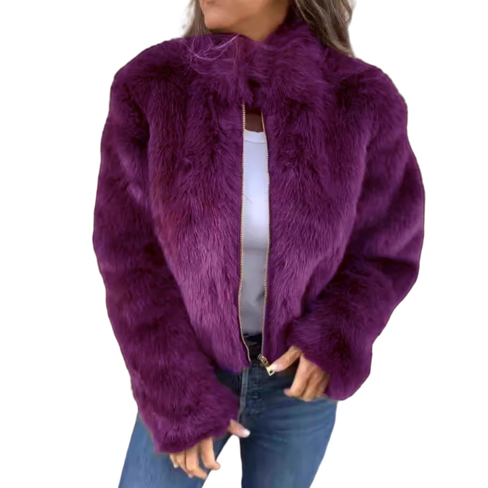 Nbzsmlkn Women's Purple High Collar Fur Zipper Casual Jacket,Shaggy Warm Open Front Cardigan Coat Casual Long Sleeve Fluffy Outerwear, Cropped Faux Fur Jacket (,L)