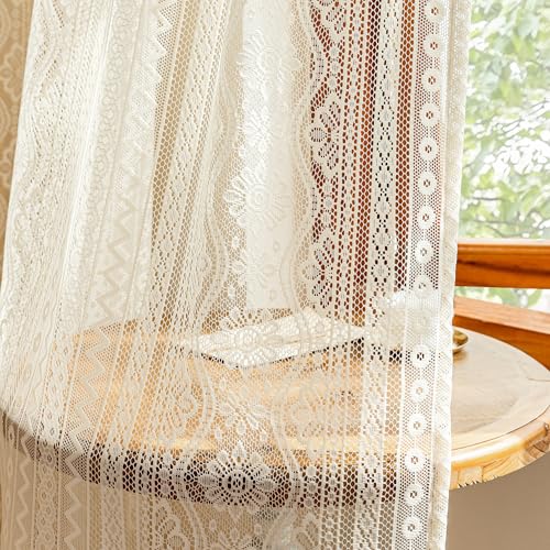 Image of MYSKY HOME Beige Lace French Door Curtains 40 inch Long 2 Panels Boho Sheer Floral Curtains for Door Window Scalloped Doorway Sidelight Curtains Come with 2 Matching Tie-Backs, 26 inch Wide Each Panel
