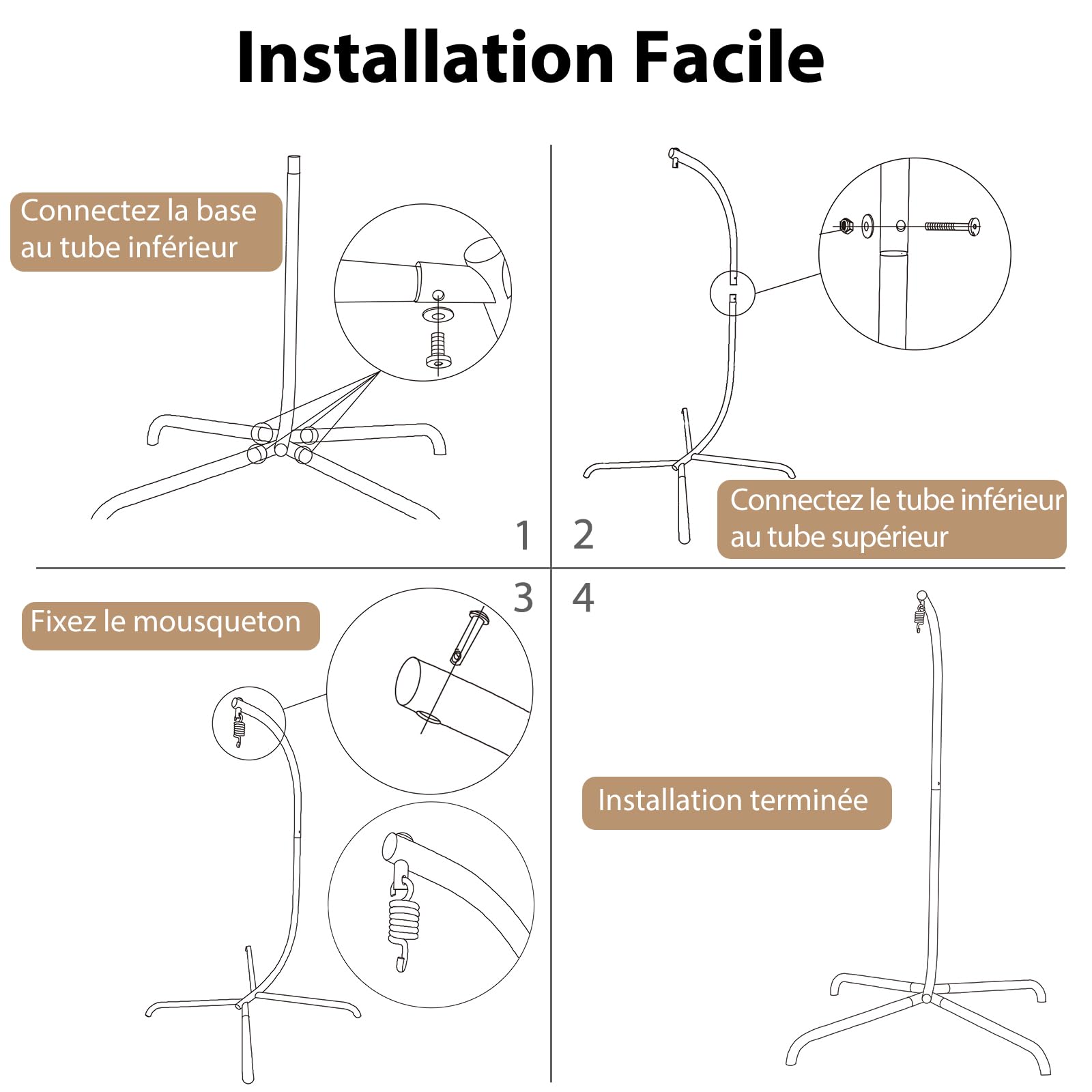 DREAMADE Support en Métal pour Chaise Suspendue, Support Hamac en Forme de C avec Rotation à 360°, Capacité de Poids de 180 kg, pour Intérieur et Extérieur