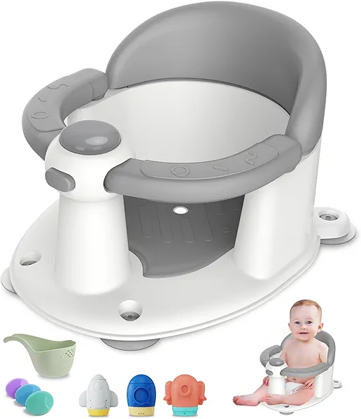 TOSGN Baby Bath Seat for Babies 6 Months & up, 3 Baby Bath Toys, Non-Slip Baby Bath Seat, Safe & Comfortable Baby Bath Support, for Bathtub/Living Room/Shower Room, Grey