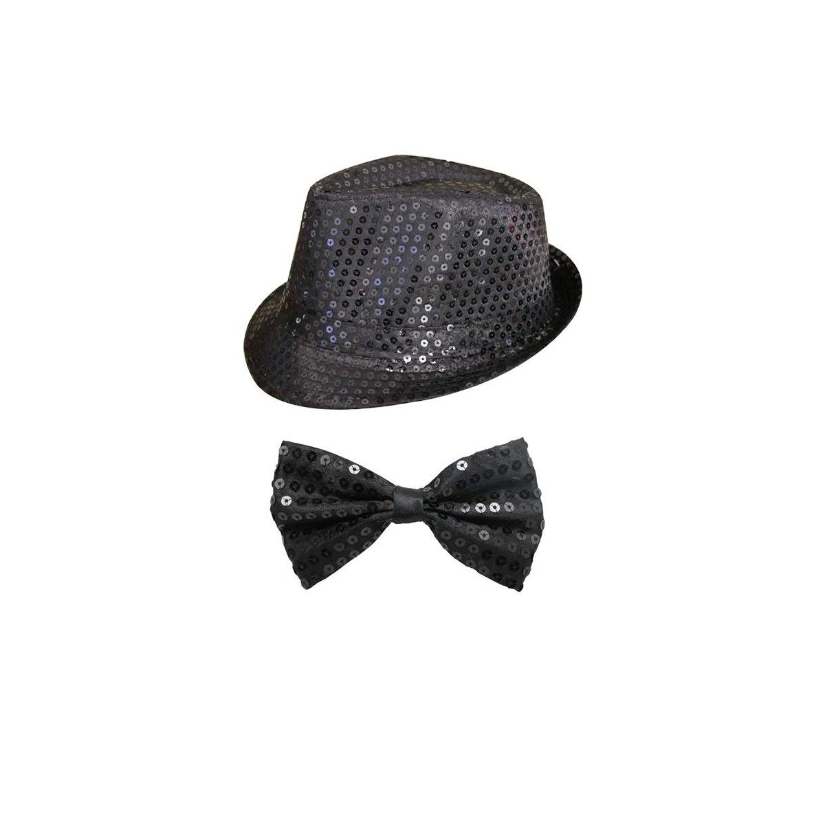 WickedFun® Girls Ladies Women's Men's Sequin Fedora Hat & Sequin Bow Tie Set Perfect For Dance Show and Stage Show Hen Night Fancy Dress (Black)