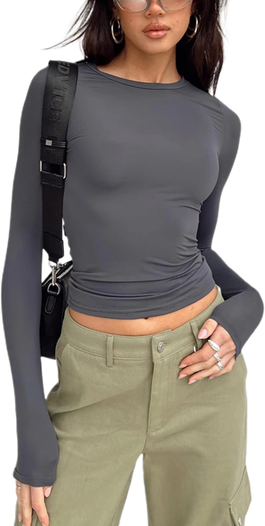 SpringcmyWomen Y2k Basic Long Sleeve Top Slim Fitted Baby Tee Round Neck Skim Dupe Crop Layering Slim Top Blouse Aesthetic Streetwear